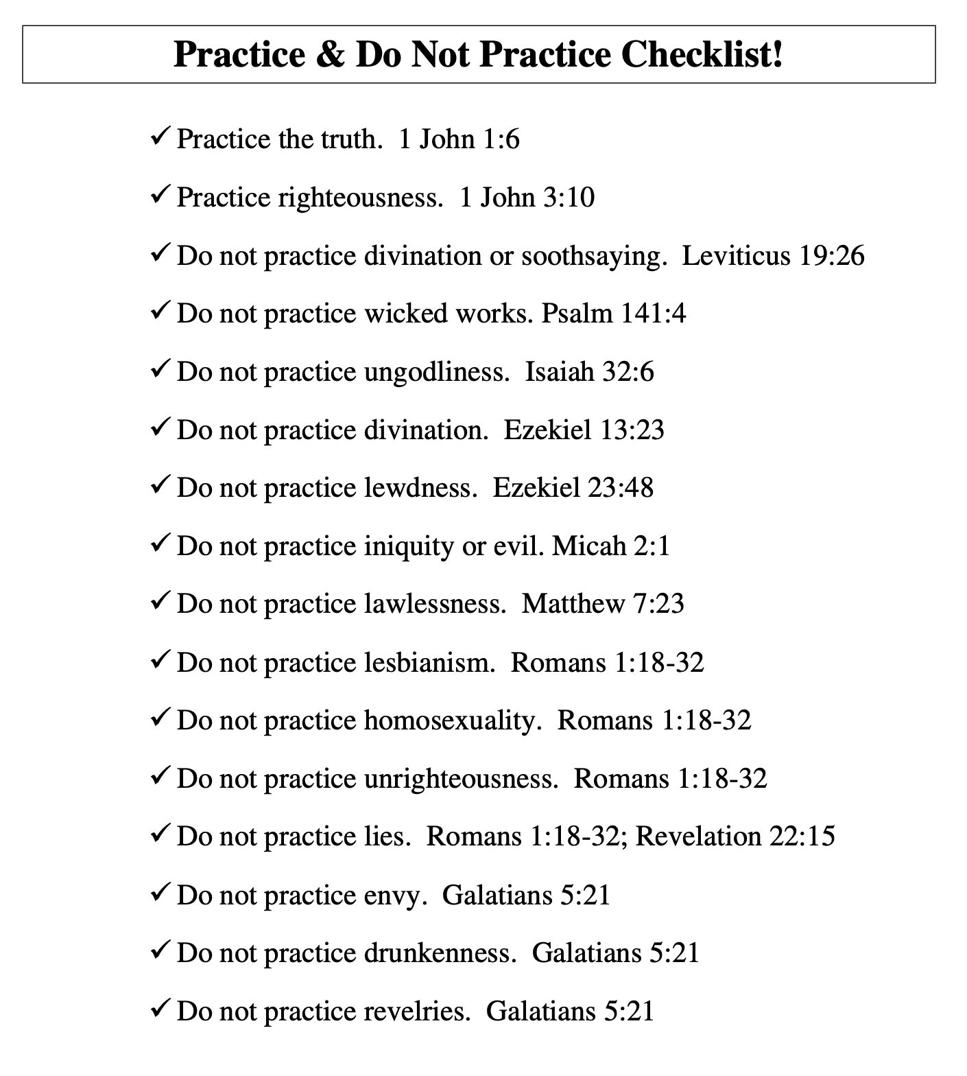 Practice & Do Not Practice Checklist